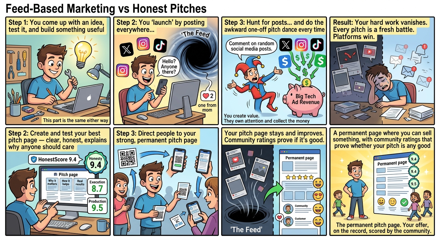 Feed-Based Marketing vs Honest Pitches: a two-row comic comparing feed-based marketing with Honest Pitches.