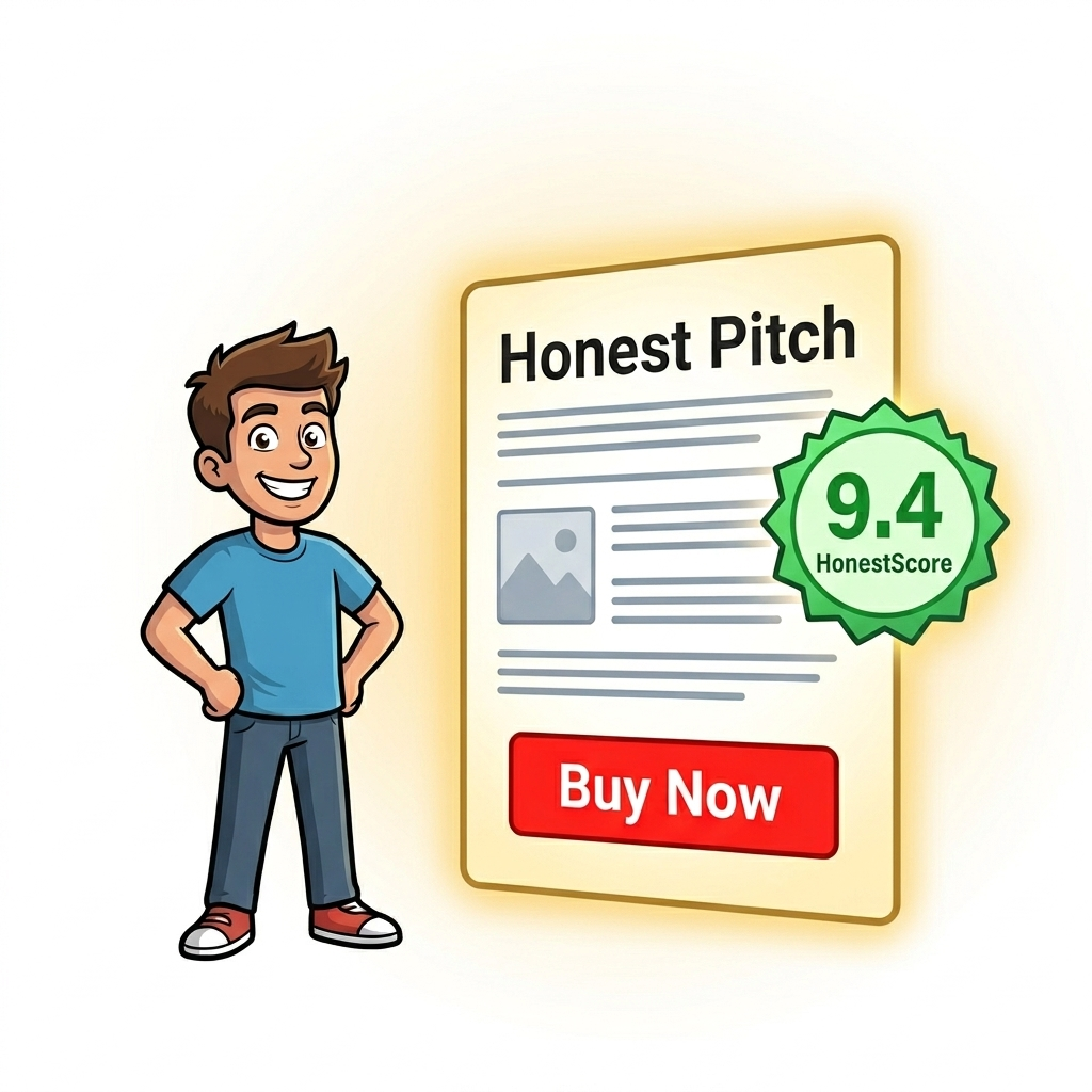 Cartoon pitcher in a blue t-shirt standing next to an Honest Pitches page mockup with a 9.4 HonestScore seal and a red Buy Now button